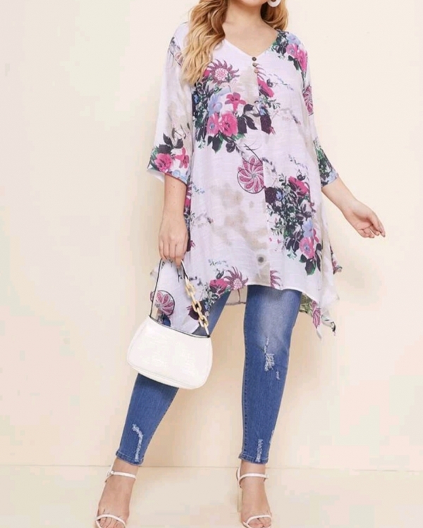 Floral Asymmetrical hem longline blouse