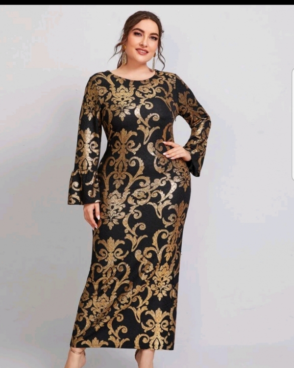 Flounce sleeve  Baroque  print fitted dress