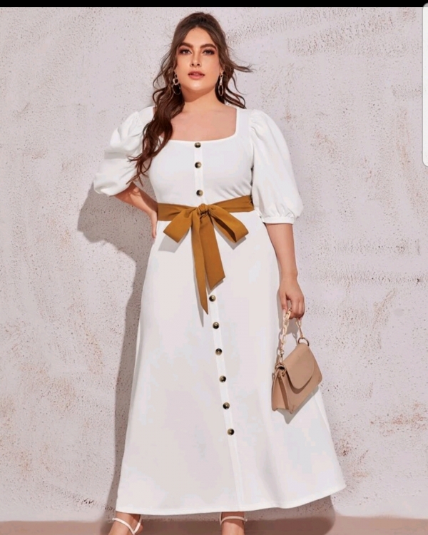 Buttoned front puff sleeve belted dress