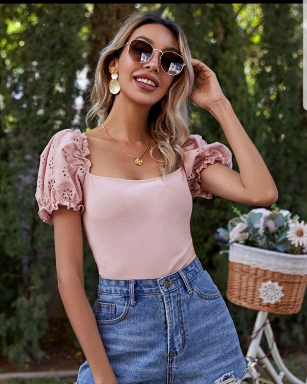 Eyelet Embroidered Puff Sleeve square Neck Tee