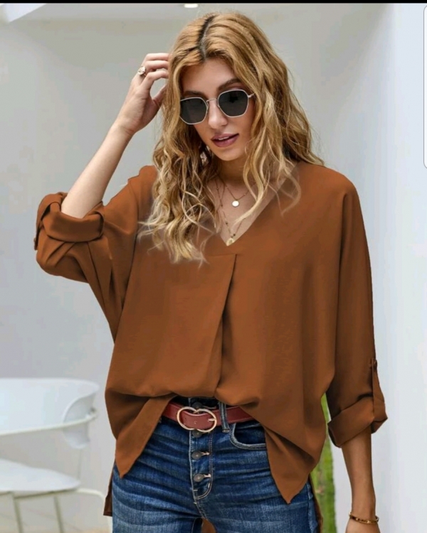 Roll up sleeve high low blouse