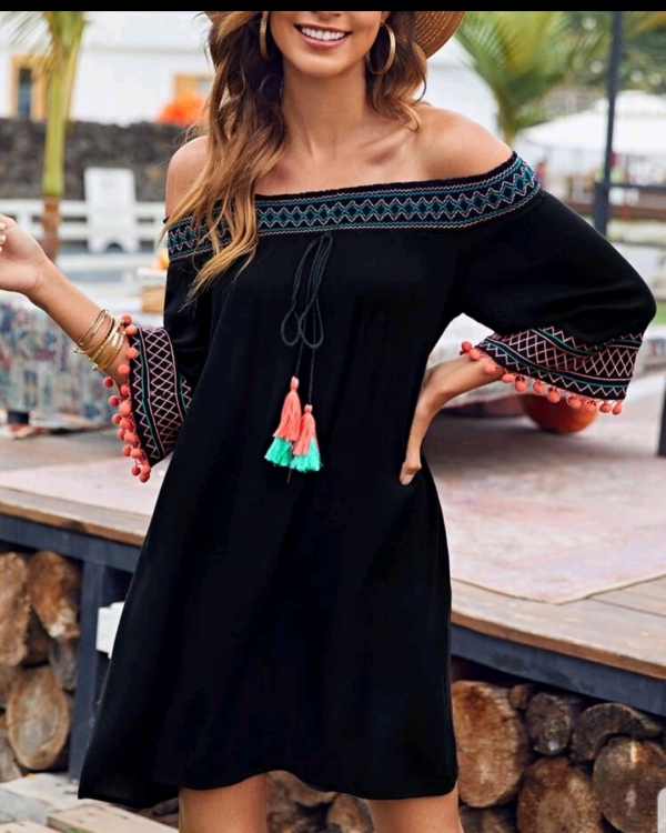 Off shoulder knot front Embroidery dress