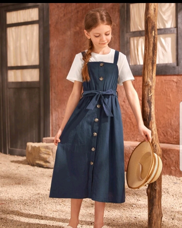 Round neck tee and self belted overall dress