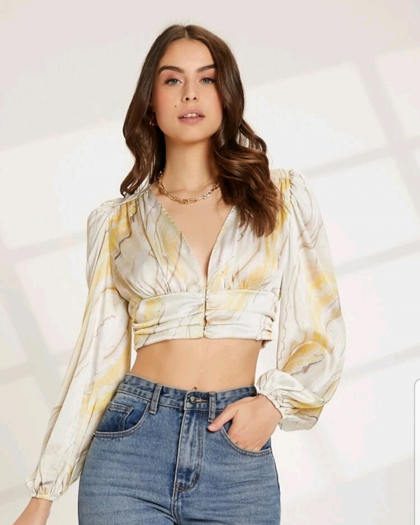 All over Print button front Lantern sleeve top