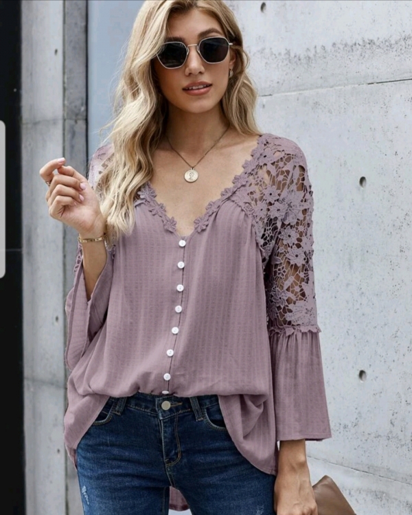 Guipure Lace Panel button front blouse
