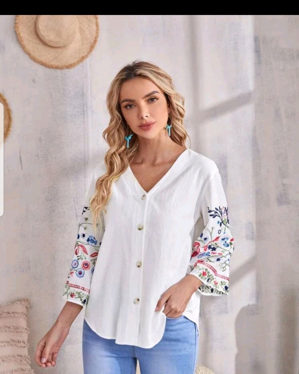 Floral embroidery button through blouse