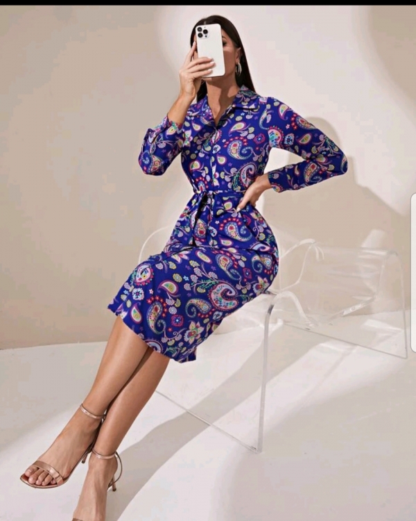 Floral Paisley Print belted shirt dress