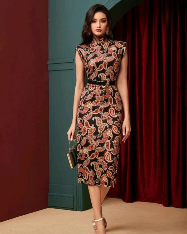 Paisley print fitted dress