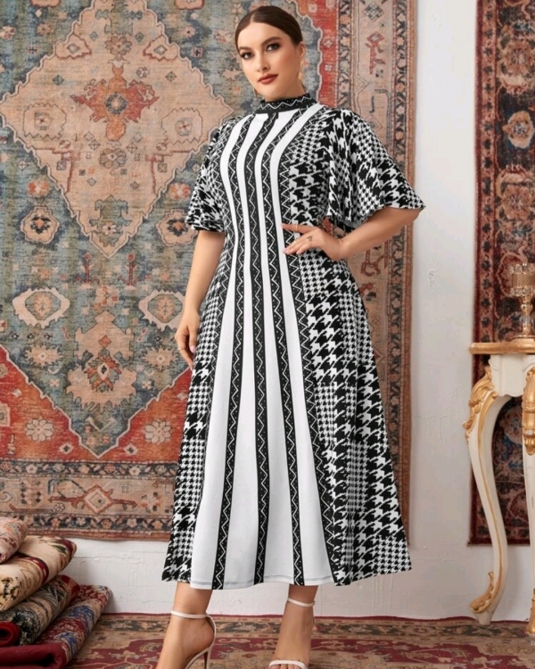 Houndstooth and butterfly print dress