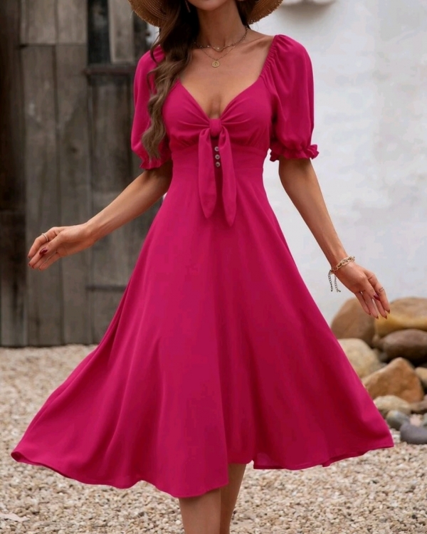 Puff sleeve knot front dress