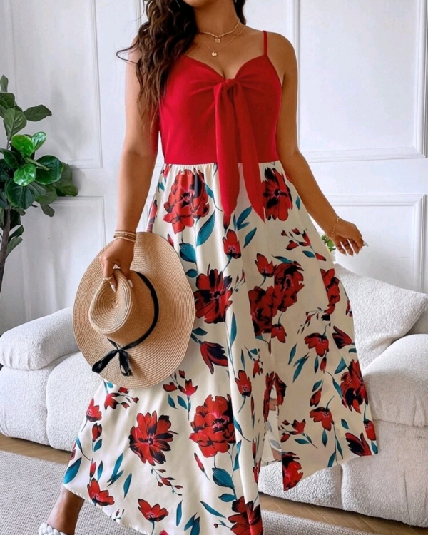 Floral print knot front cami dress
