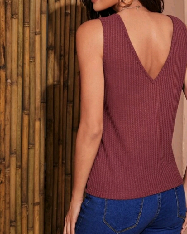 V-Neck twist front waffle knit tank top